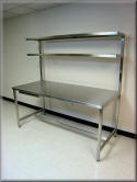 Stainless Steel Table with Double Upper Shelves and Sliding Keyboard Tray