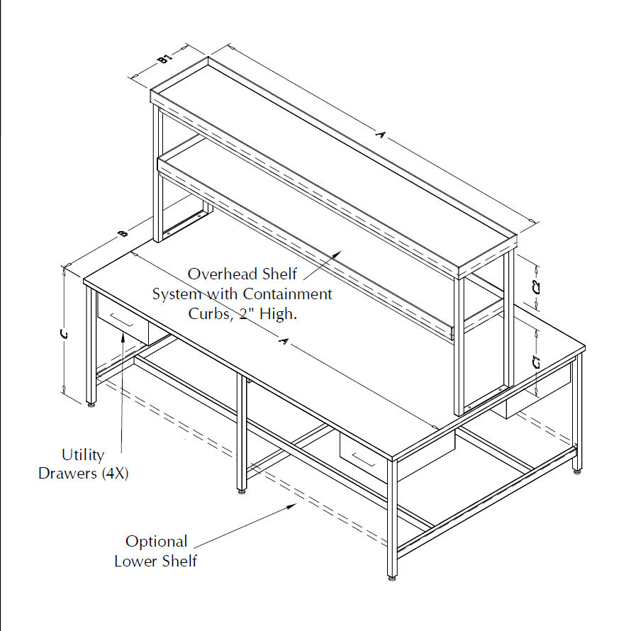 Table Model AR-109P-CLG-DBLRSR – Laboratory Table with Center Shelving Unit