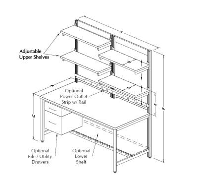 Table Model F-103P-TECH-SP – Tech Style Workbench with Split-Style Upper Shelves