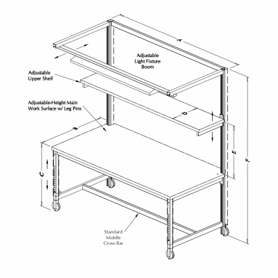 Table Model F-107P – Adjustable Main Work Surface & Upper Shelf