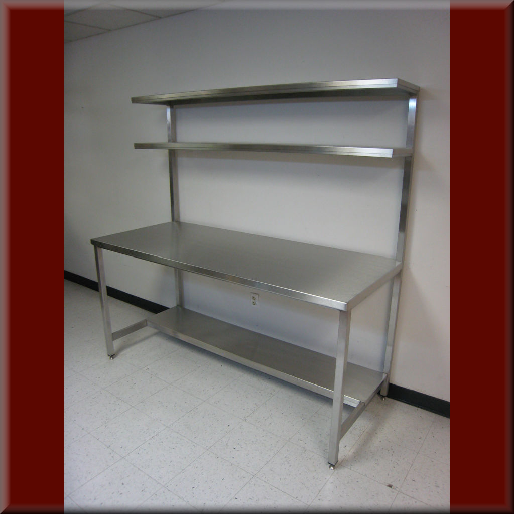 Table Model F-103PL/DS-SS – Stainless Steel Tech Workbench w/ Double Upper Shelves