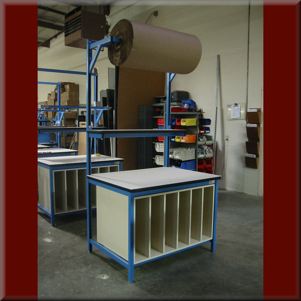 Table Model P-103P-CAB – Packaging Workstation with Lower Storage Cabinet & Overhead Roll Holder